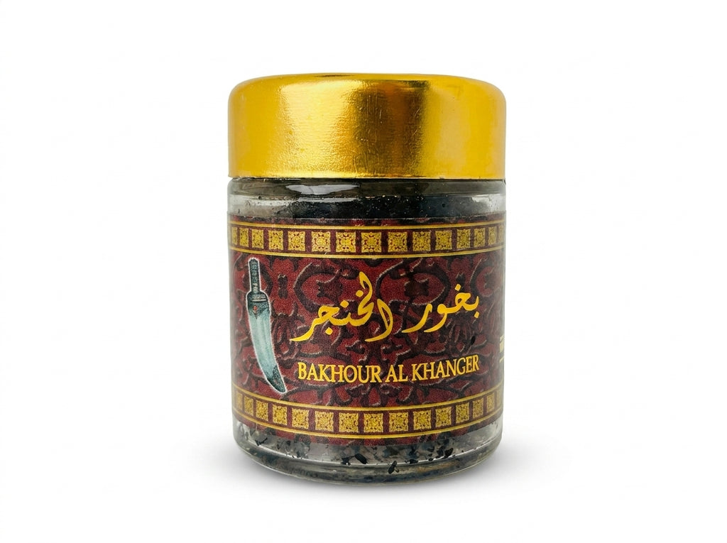 Pot d'apothicaire de Bakhour Al Khanjar Orianza Selection, encens oriental premium enrichi aux huiles d'oud et de musc.