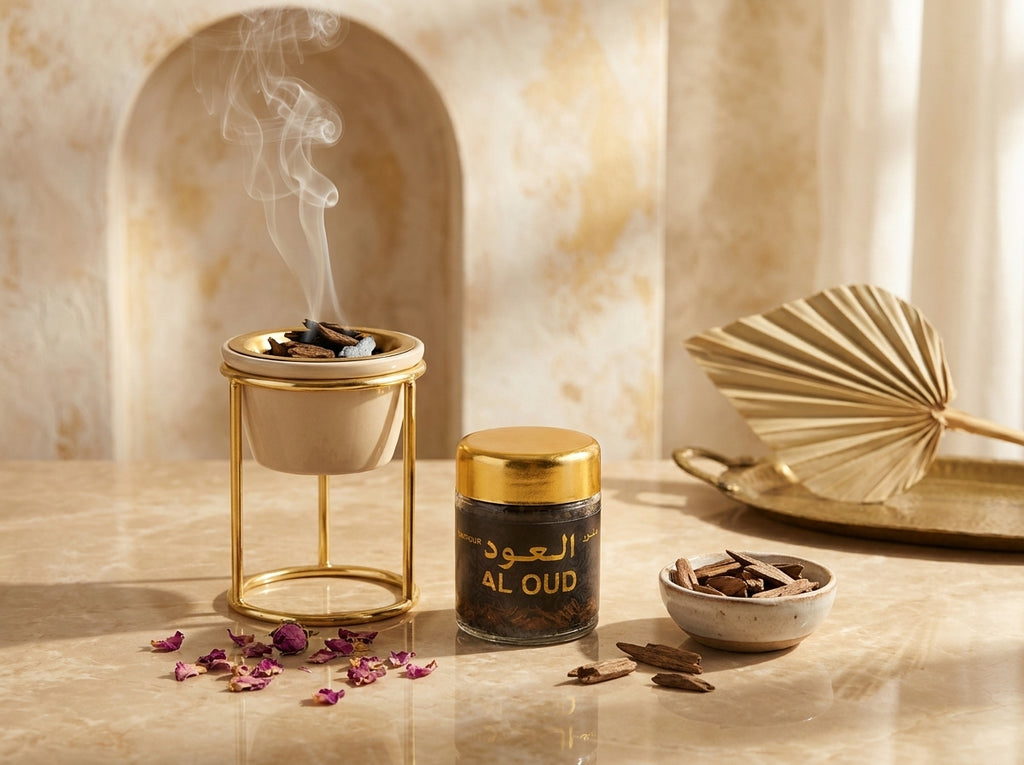 Fumée mystique et parfumée s'élevant du bakhour de oud pour purifier l'atmosphère d'un salon moderne.