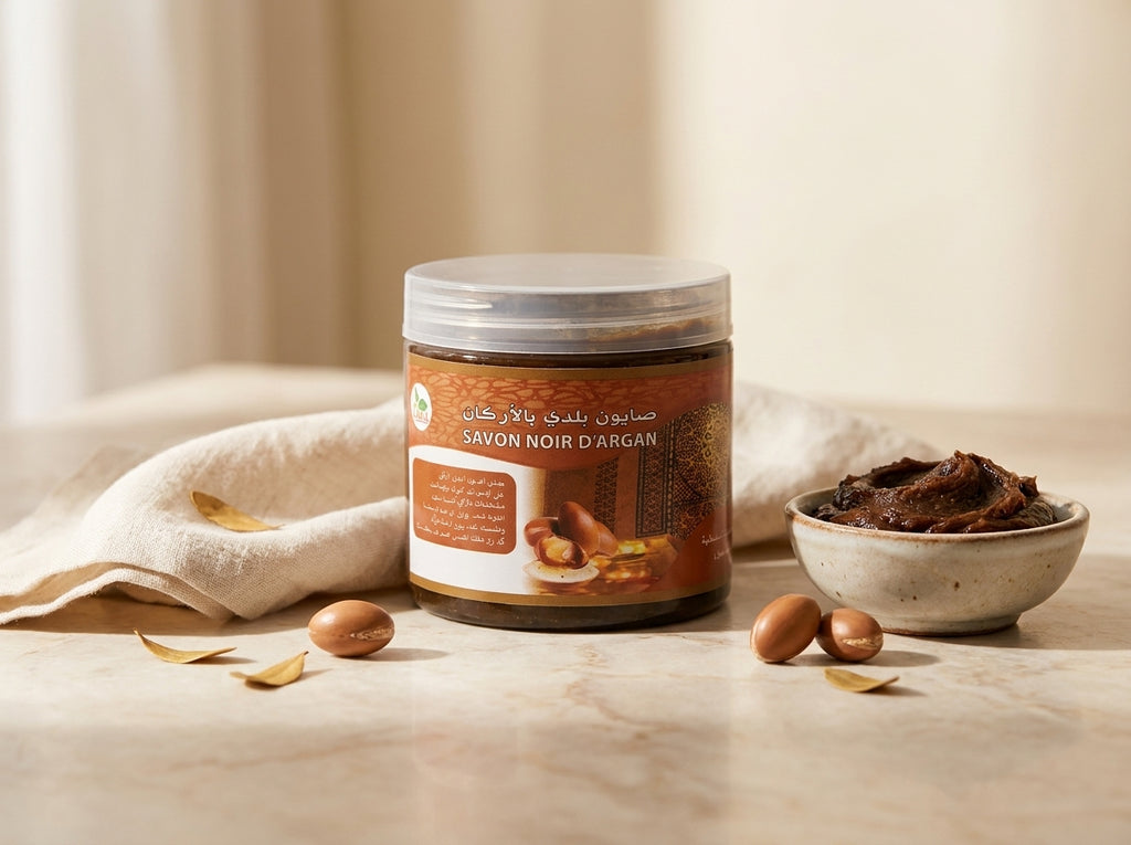 Soin exfoliant et hydratant au savon noir a l argan Orianza avec gant de Kessa