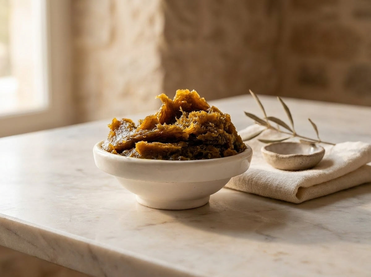 Savon noir naturel Orianza utilise avec gant de Kessa pour eliminer les peaux mortes