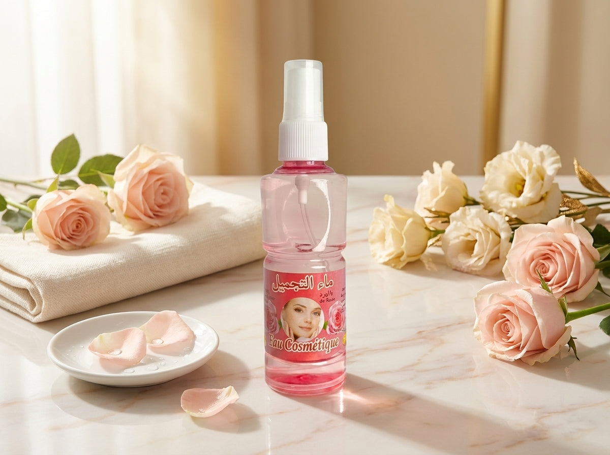 Brume d'eau de rose pure vaporisée sur la peau pour un effet lotion tonique et hydratante immédiat.