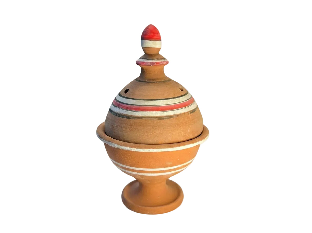Encensoir en argile cuite naturelle avec son couvercle ajouré Orianza Selection, poterie artisanale pour bakhour.