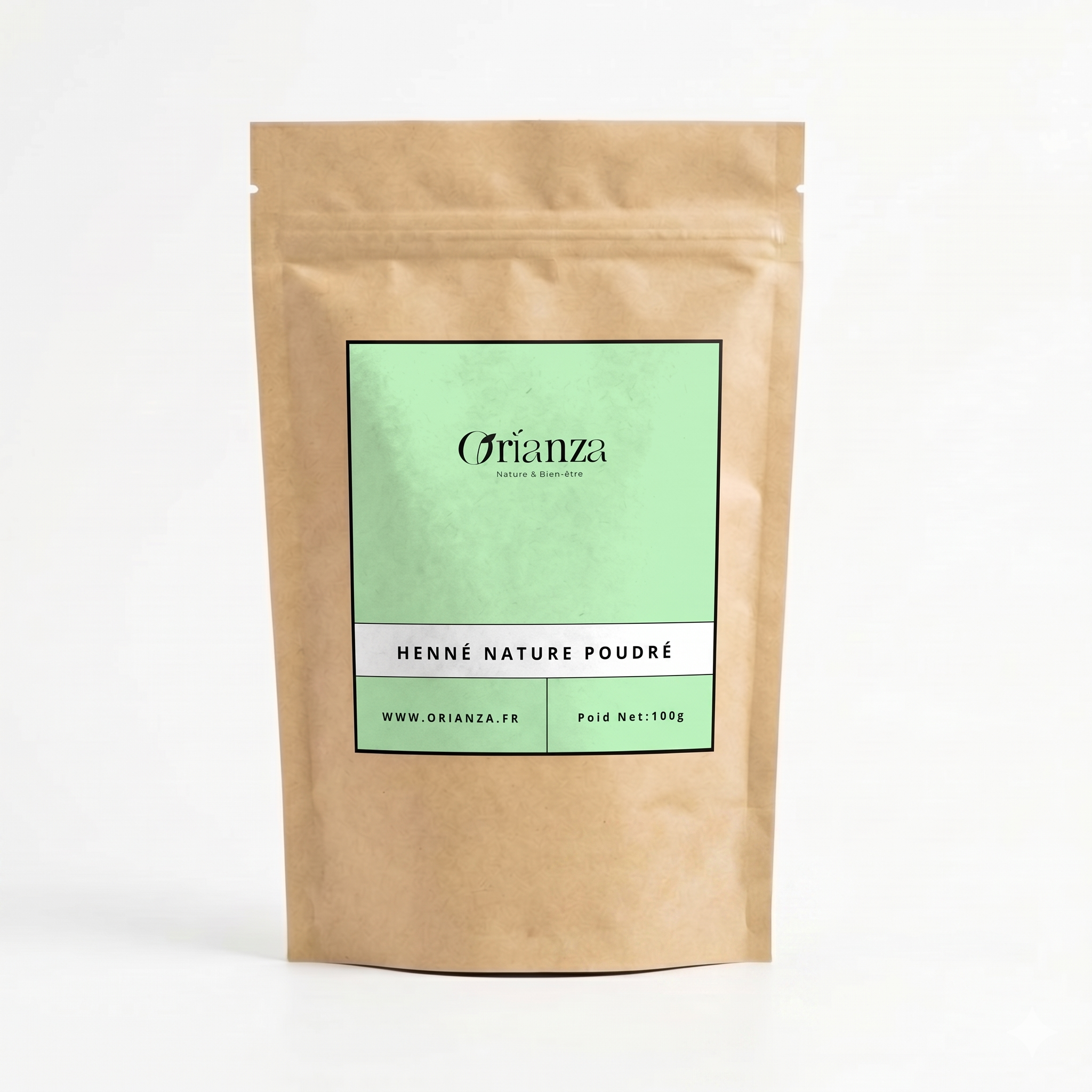 Sachet kraft de Henné Moulu Pur de la marque Orianza, emballage hermétique de haute protection préservant les propriétés actives de la plante.