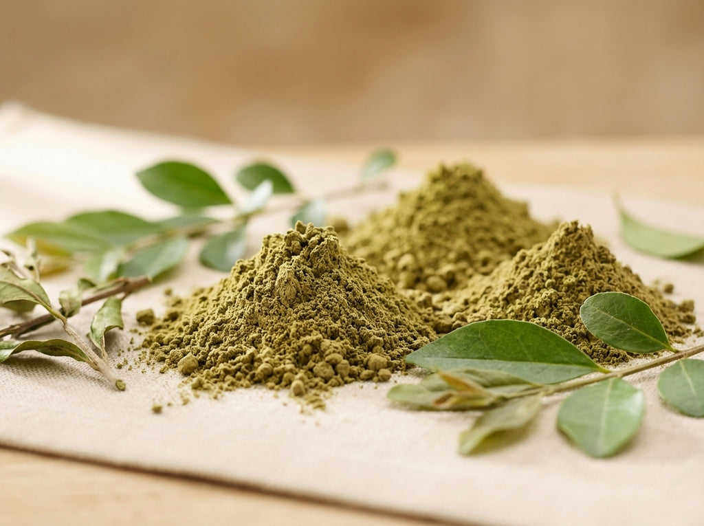 Une ambiance de beauté naturelle et épurée en image lifestyle, mettant en scène le sachet de Henné Moulu Orianza bien visible et mis en valeur sur un support raffiné.