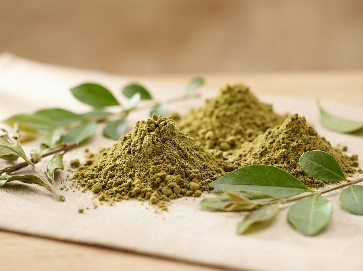 Une ambiance de beauté naturelle et épurée en image lifestyle, mettant en scène le sachet de Henné Moulu Orianza bien visible et mis en valeur sur un support raffiné.