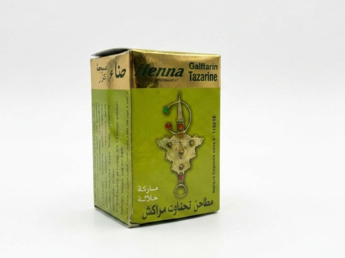 Boîte Verte de Henné Sahara Tazarine Orianza Selection, poudre de qualité supérieure ultra-filtrée pour tatouage corporel et soin cheveux.