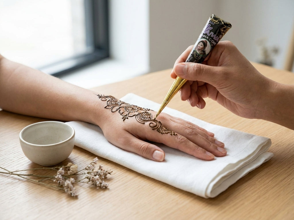 Détails d'un tatouage temporaire ébène terminé sur la peau, illustrant la netteté et la profondeur du pigment Orianza.