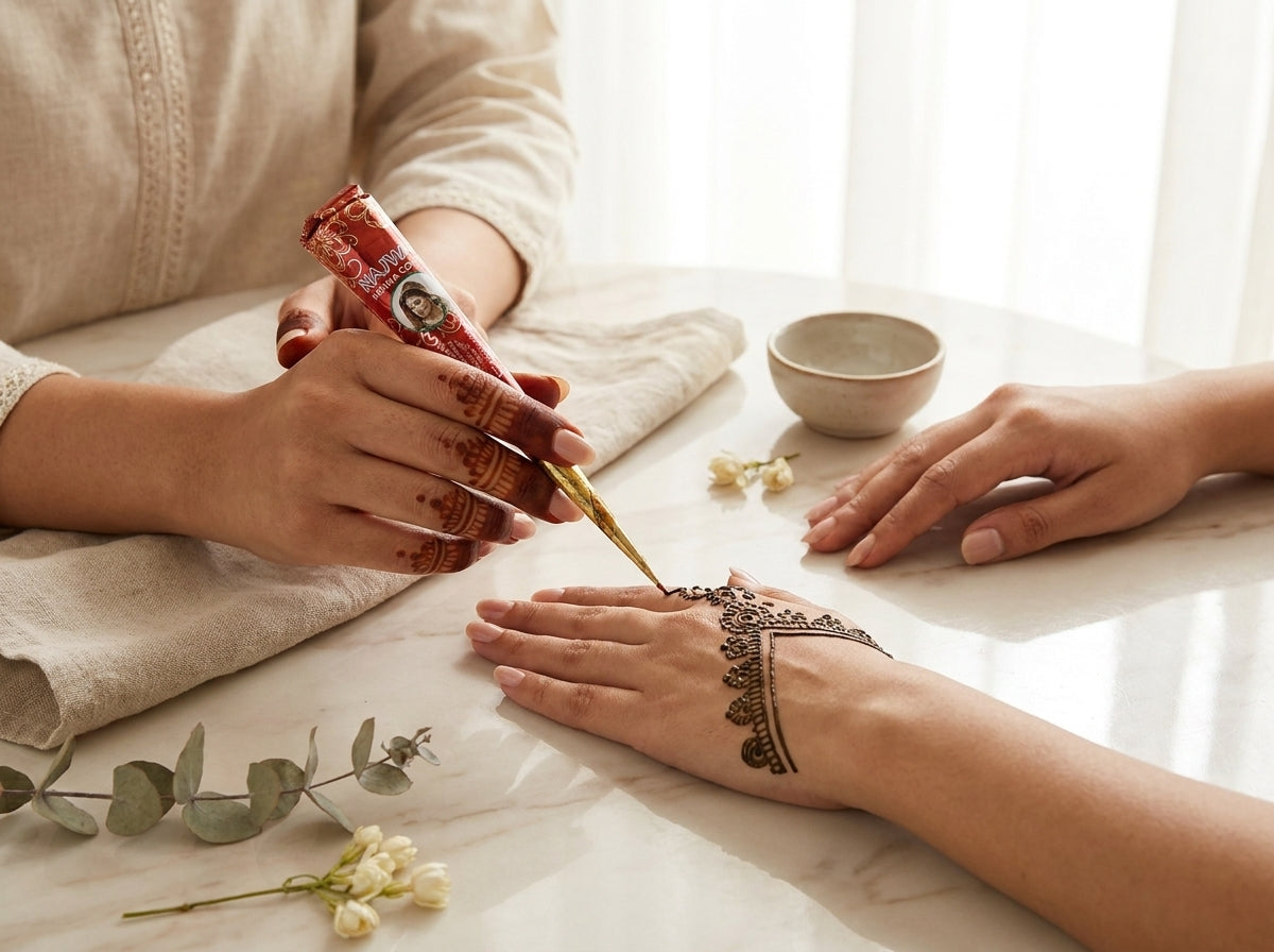 Tatouage éphémère rouge-acajou terminé sur la main, illustrant la finesse et la brillance du pigment Orianza.