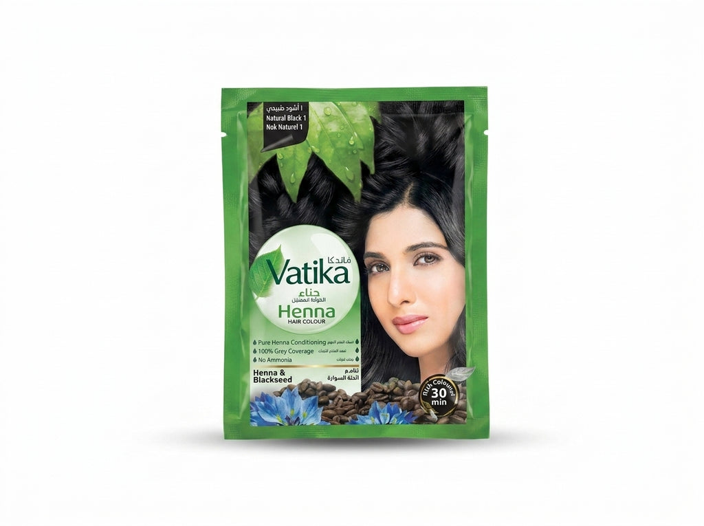 Boîte de Henné Colorant Vatika Noir Intense Orianza Selection, coloration végétale fortifiante sans ammoniaque.