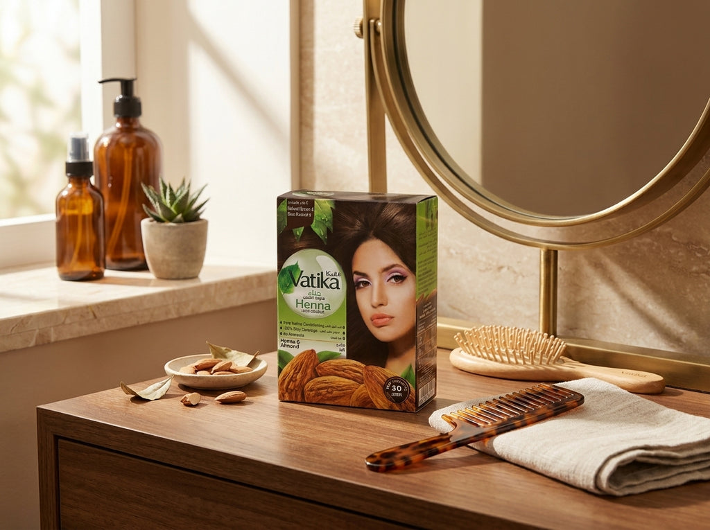Chevelure brune soyeuse et brillante après l'application du henné colorant protecteur marron naturel.
