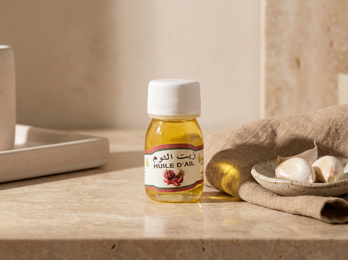 Application ciblée de l'huile d'ail pure sur le cuir chevelu pour purifier les racines et stimuler la repousse.