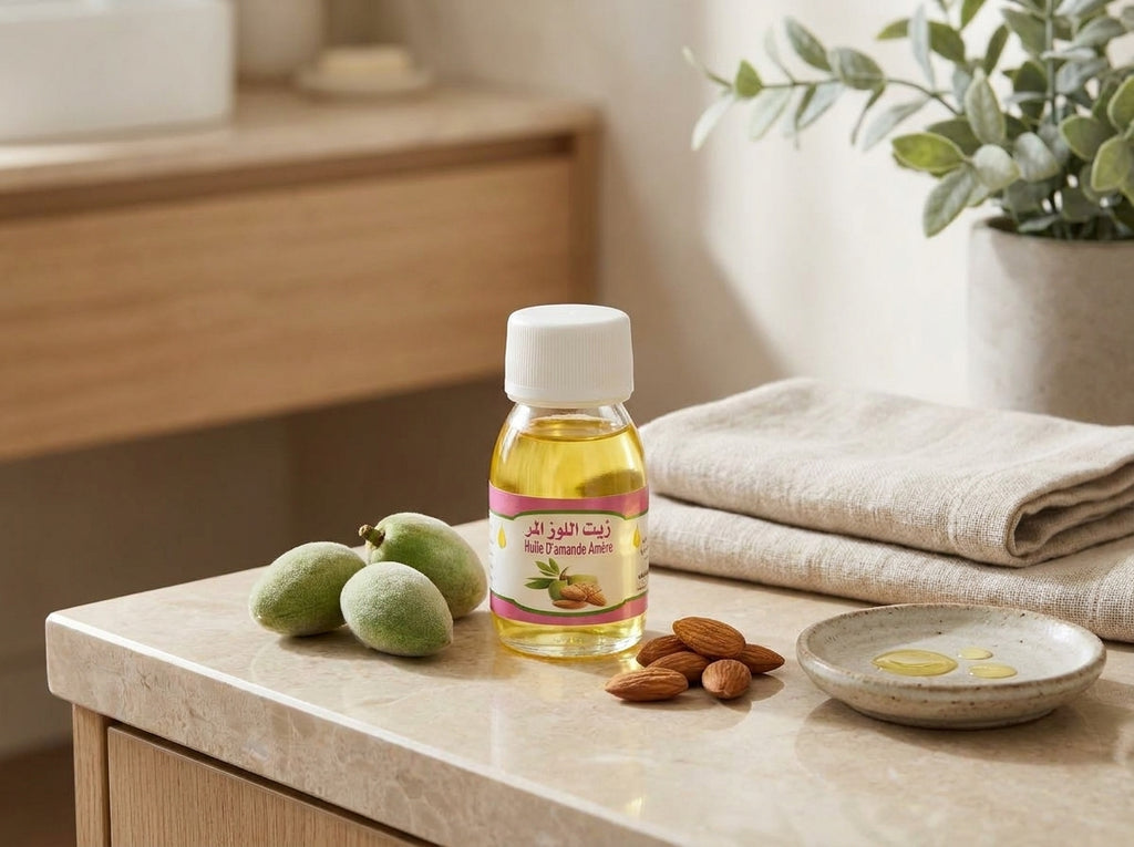 Amandes amères du Maroc disposées à côté de l'élixir correcteur Orianza, illustrant la pureté du pressage à froid.