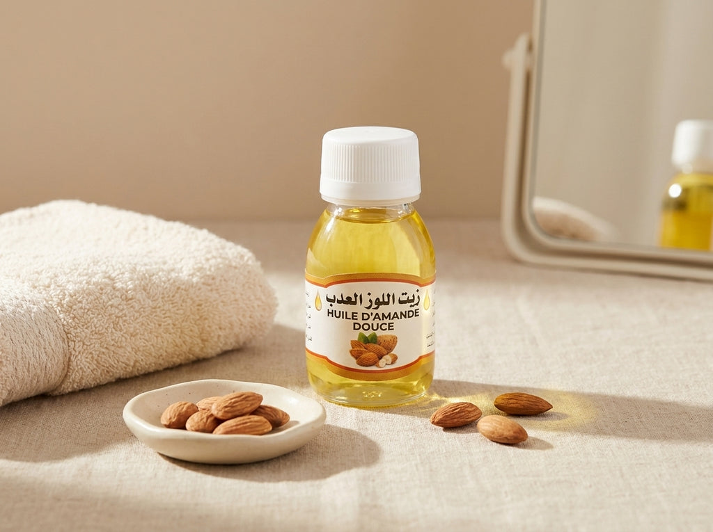 Amandes douces du Maroc à côté du flacon protecteur Orianza, témoignant d'une pression à froid authentique.