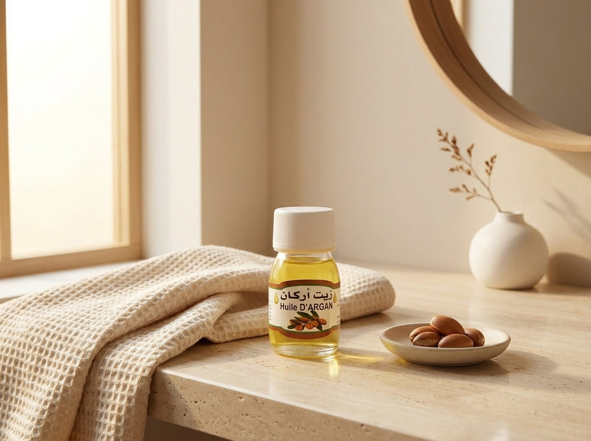 Noix d'arganier et huile dorée entourant le flacon en verre Orianza, illustrant l'extraction pure par pression à froid.