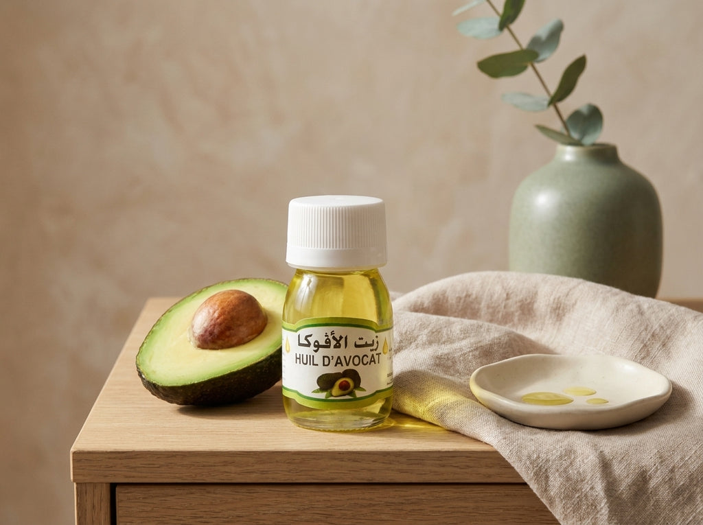 Avocats frais et huile dorée extraite à froid à côté du flacon d'apothicaire Orianza, symbole de confort absolu.