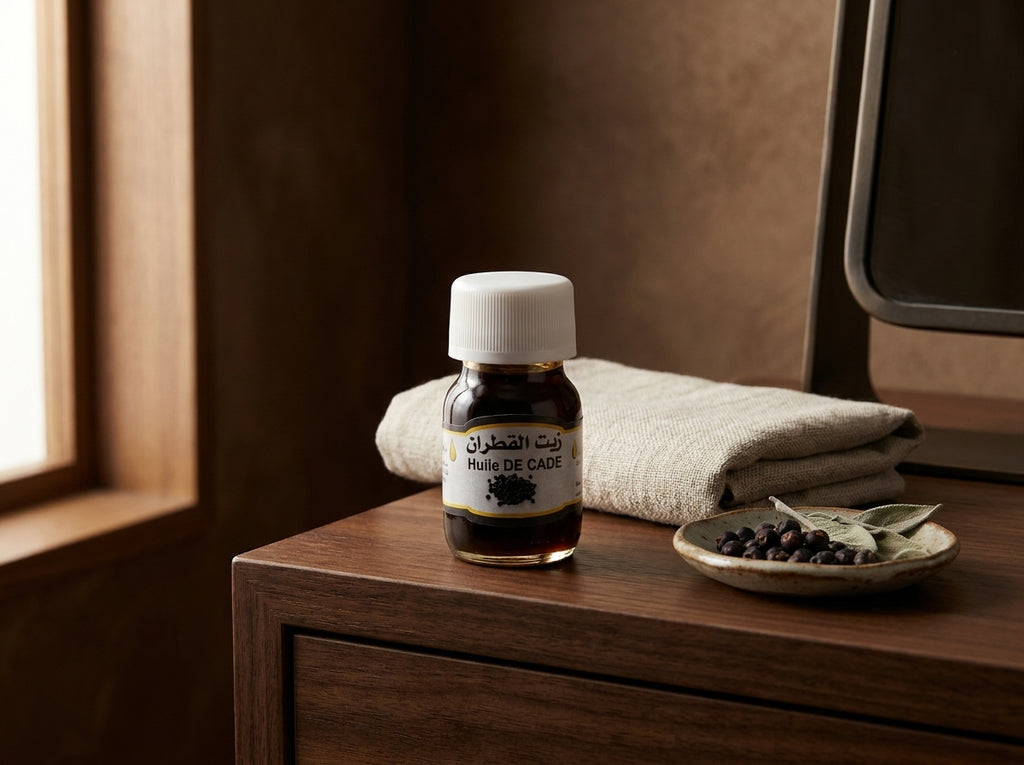 Application précise de l'huile de cade pure sur le cuir chevelu irrité pour calmer les démangeaisons.