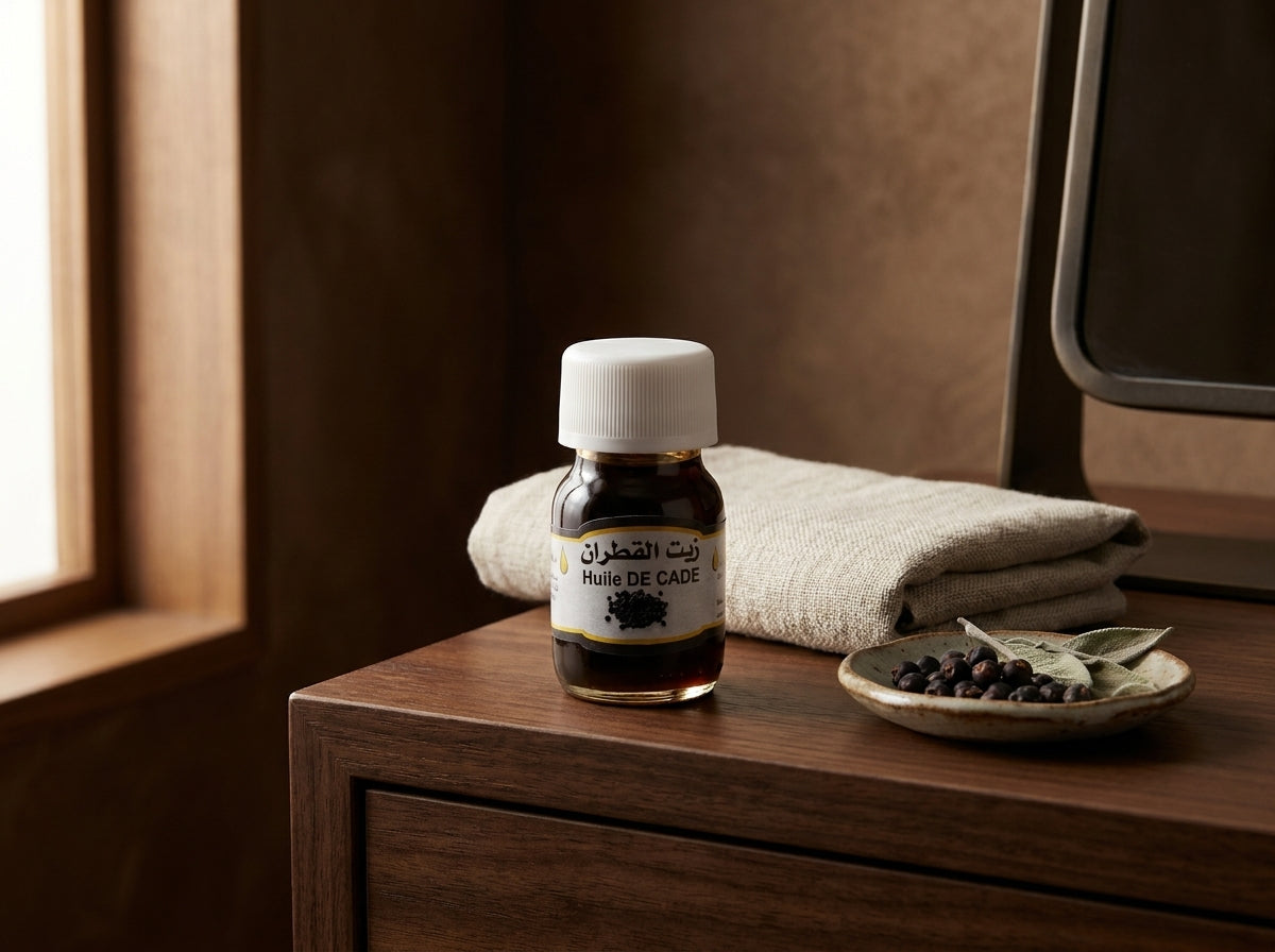 Application précise de l'huile de cade pure sur le cuir chevelu irrité pour calmer les démangeaisons.