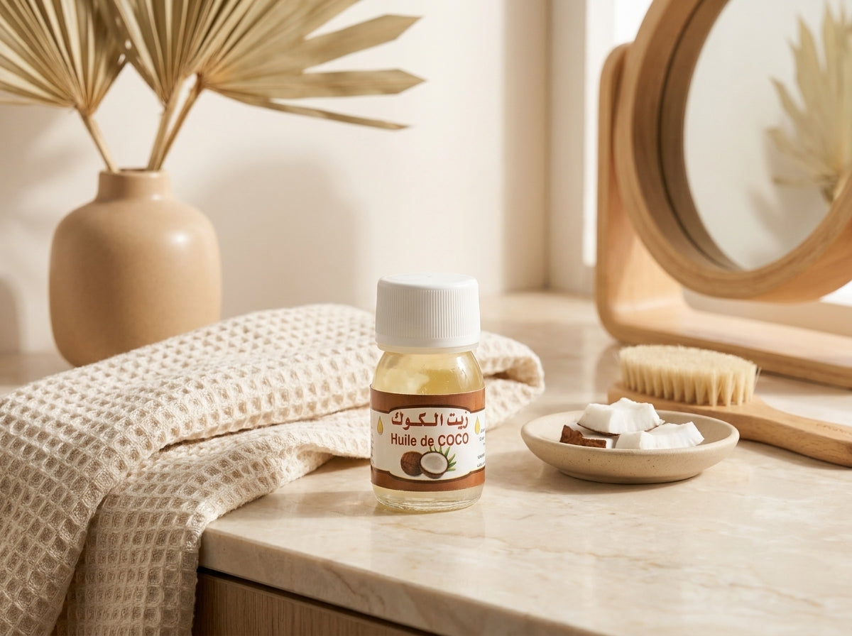 Pulpe de noix de coco fraîche à côté de l'élixir Orianza, illustrant sa pureté et son origine naturelle.