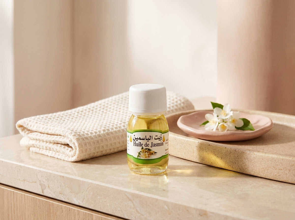 Pétales de jasmin blanc entourant l'élixir de beauté précieux Orianza, illustrant la finesse de la macération florale.