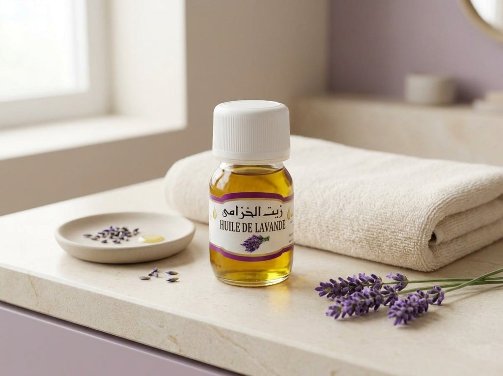 Fleurs de lavande séchées et fraîches entourant l'élixir relaxant Orianza, témoignant de sa pureté botanique.