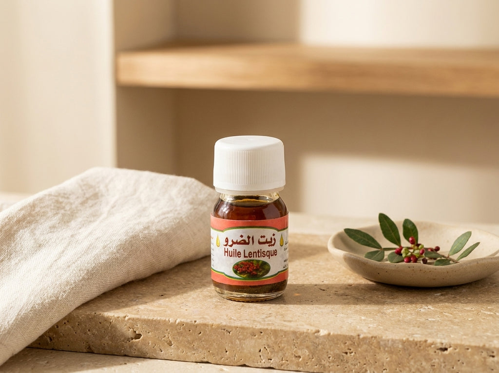 Baies et feuillage de lentisque pistachier sauvage à côté de l'élixir pur Dhrou Orianza, symbole d'authenticité herboriste.