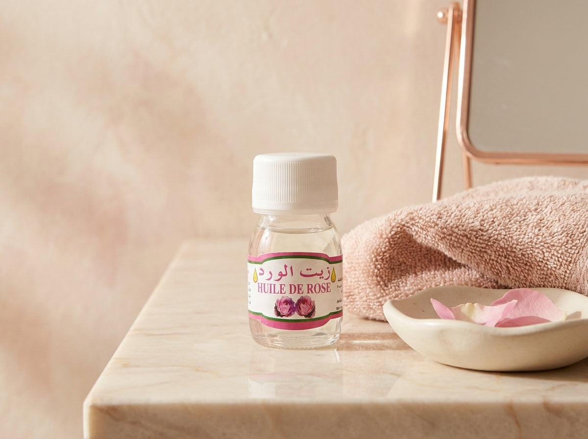 Pétales de roses fraîches entourant l'élixir végétal Orianza, symbolisant sa pureté et sa naturalité.