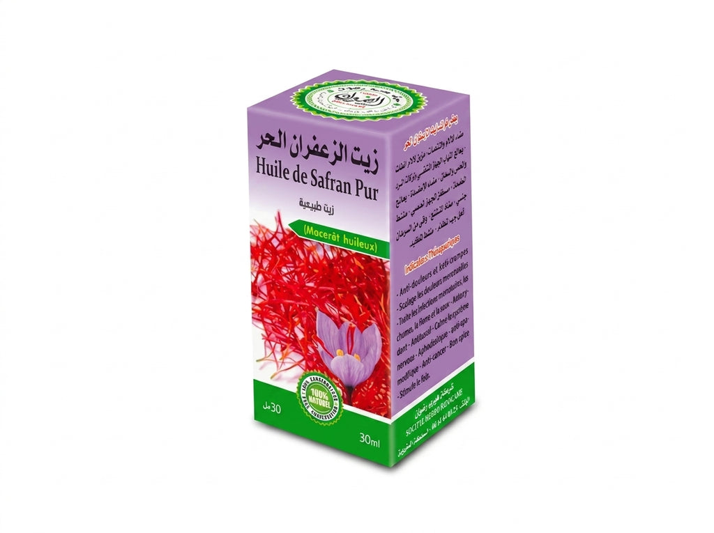 Flacon d'Huile de Safran Pure Orianza Selection, l'élixir précieux antioxydant pour l'éclat et anti-âge.