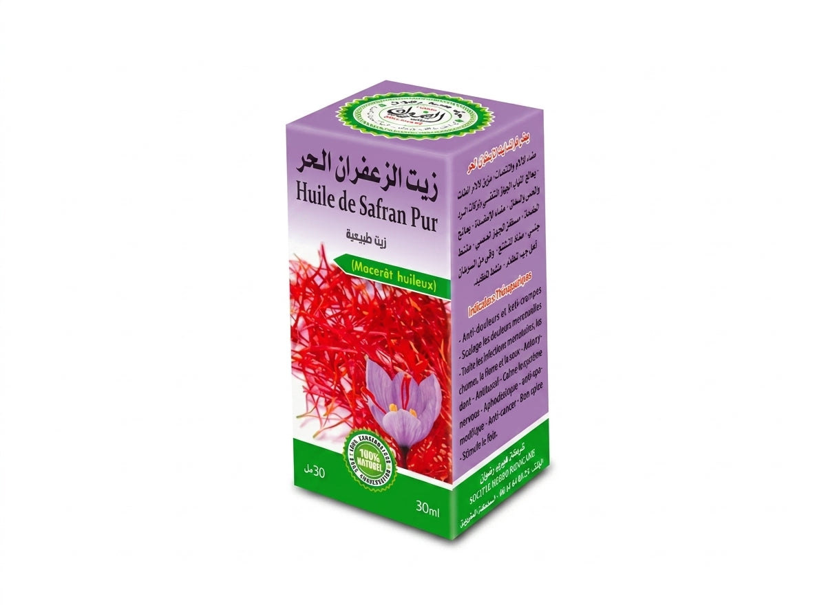 Flacon d'Huile de Safran Pure Orianza Selection, l'élixir précieux antioxydant pour l'éclat et anti-âge.