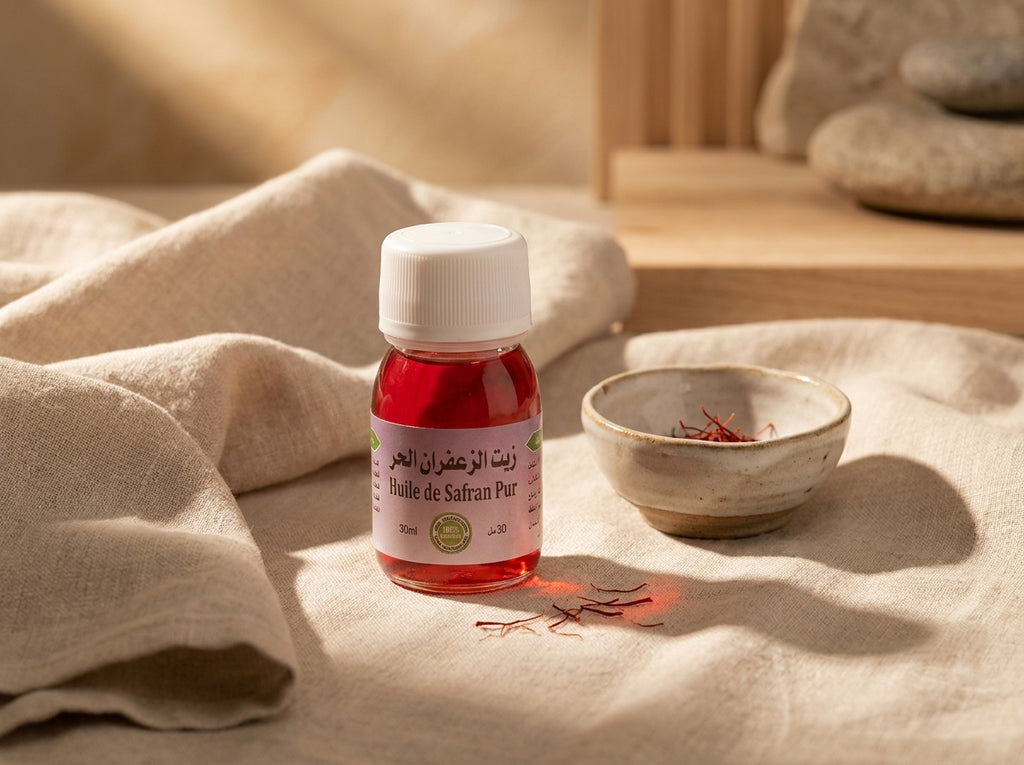 Stigmates précieux de safran rouge entourant le flacon en verre ambré Orianza, illustrant la pureté du soin.