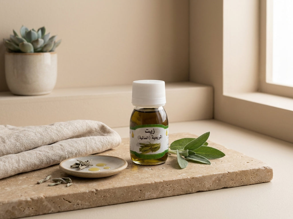 Feuilles de sauge officinale aromatique disposées à côté de l'élixir équilibrant Orianza, symbole de pureté botanique.