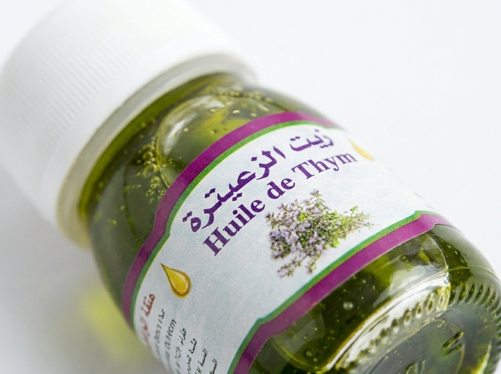Application de l'huile de thym sauvage pure sur le visage pour matifier le teint et estomper les imperfections.