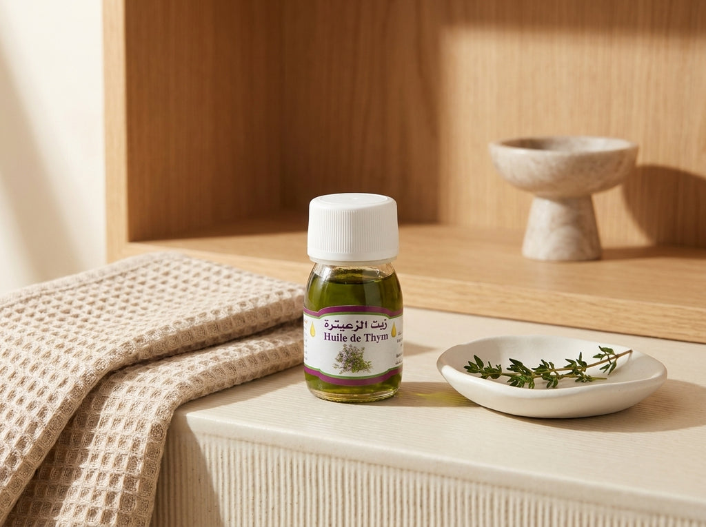 Brins de serpolet sauvage en fleurs à côté de l'élixir équilibrant Orianza, mettant en valeur sa pureté herboriste.
