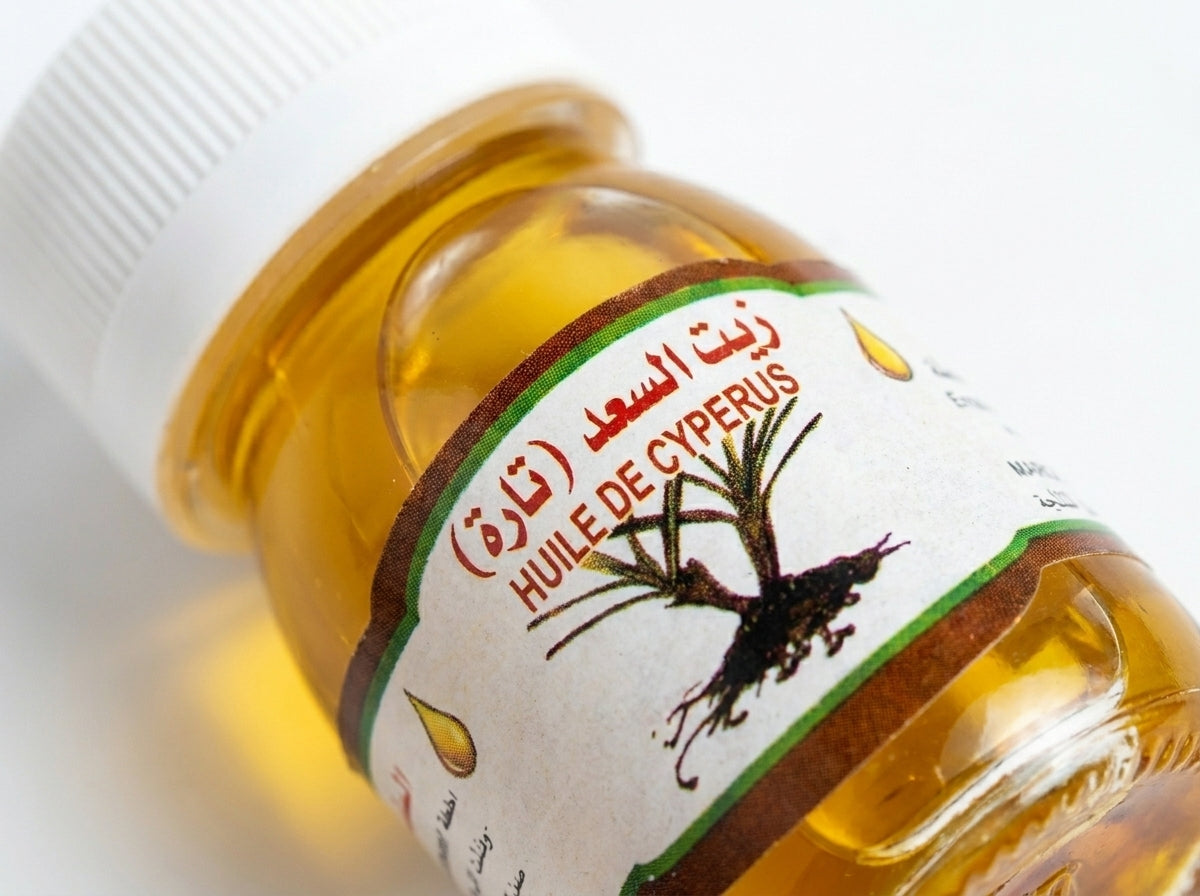 Application de l'huile de souchet pure sur les jambes pour apaiser la peau et ralentir la repousse des poils.