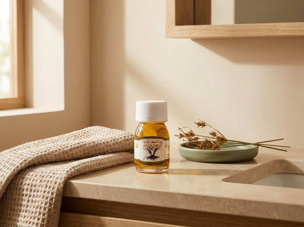 Tubercules de souchet naturel à côté de l'élixir de beauté Orianza, mettant en avant sa pureté botanique.