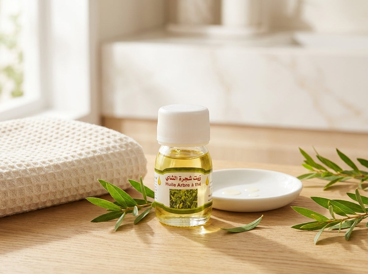 Feuilles fraîches de Melaleuca Alternifolia entourant l'élixir assainissant Orianza, symbole de pureté absolue.