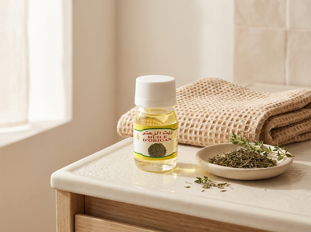 Brins de thym frais disposés à côté de l'élixir purifiant Orianza, mettant en scène la force brute de la plante.