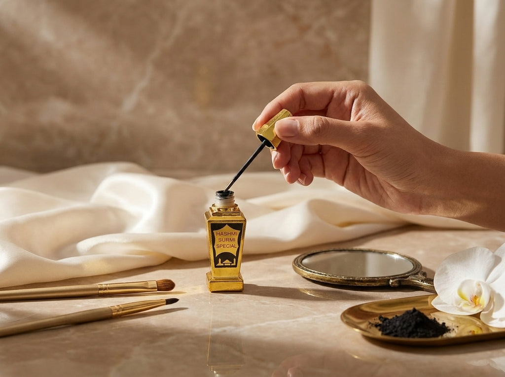 Regard sublimé et charbonneux après l'application du khôl en poudre traditionnel protecteur Orianza.