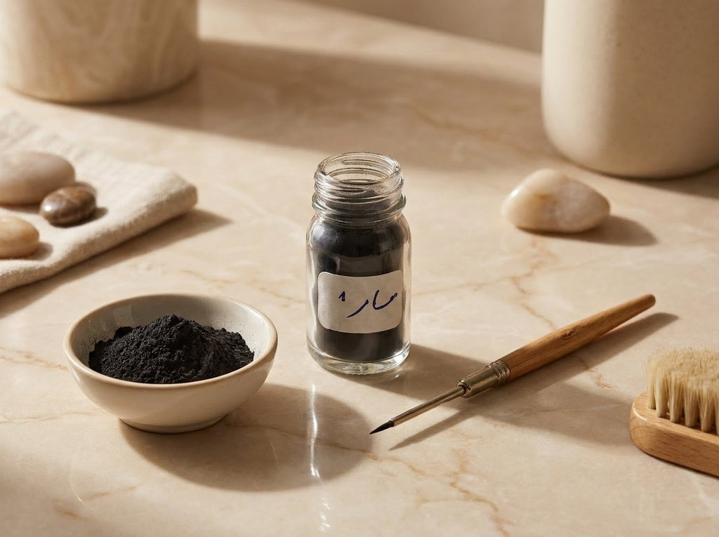 Application précise du khôl piquant à l'aide d'un mirwed en bois pour clarifier le blanc de l'œil.