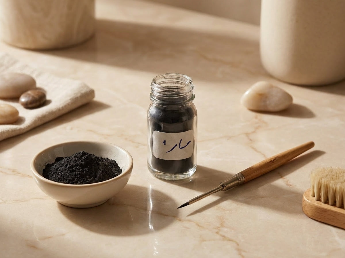 Application précise du khôl piquant à l'aide d'un mirwed en bois pour clarifier le blanc de l'œil.