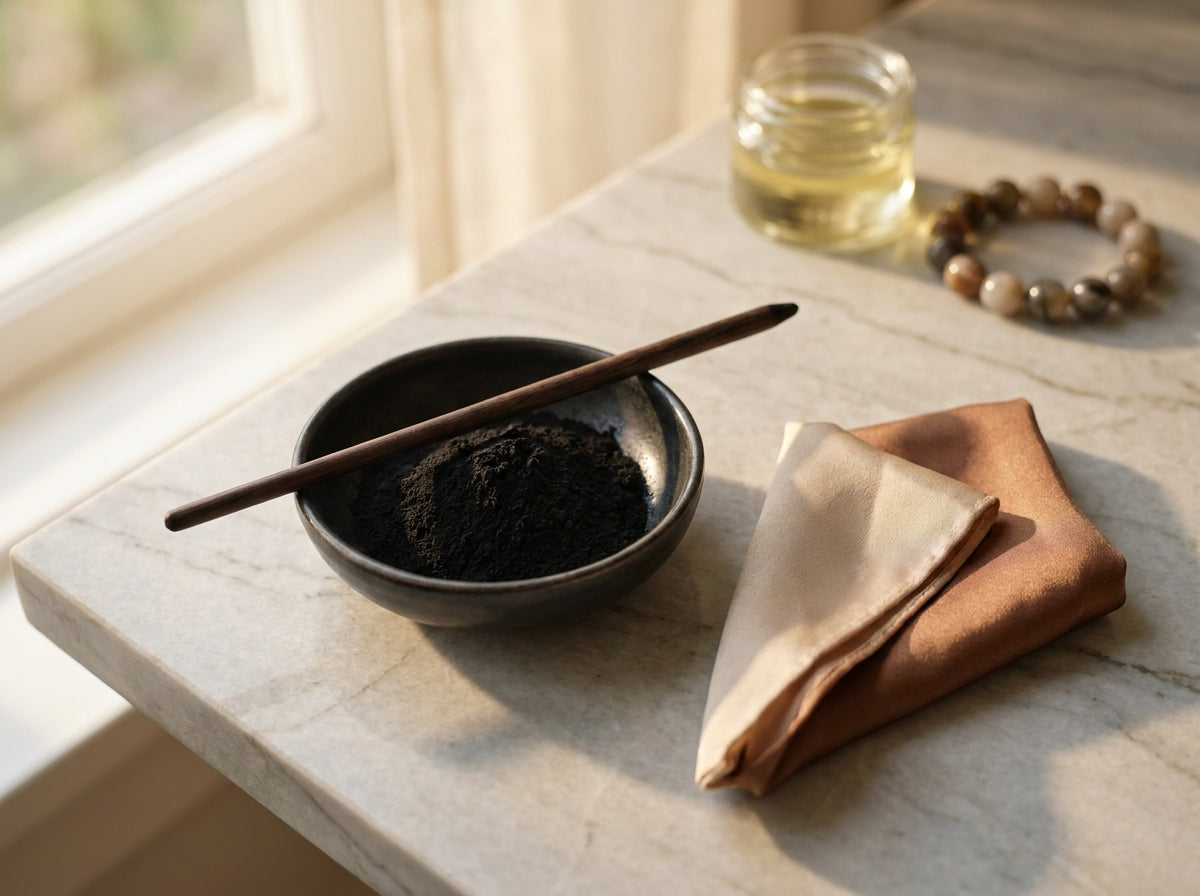 Poudre de khôl noir d'encre ultra-fine et pure, illustrant le procédé de fabrication ancestral Orianza.