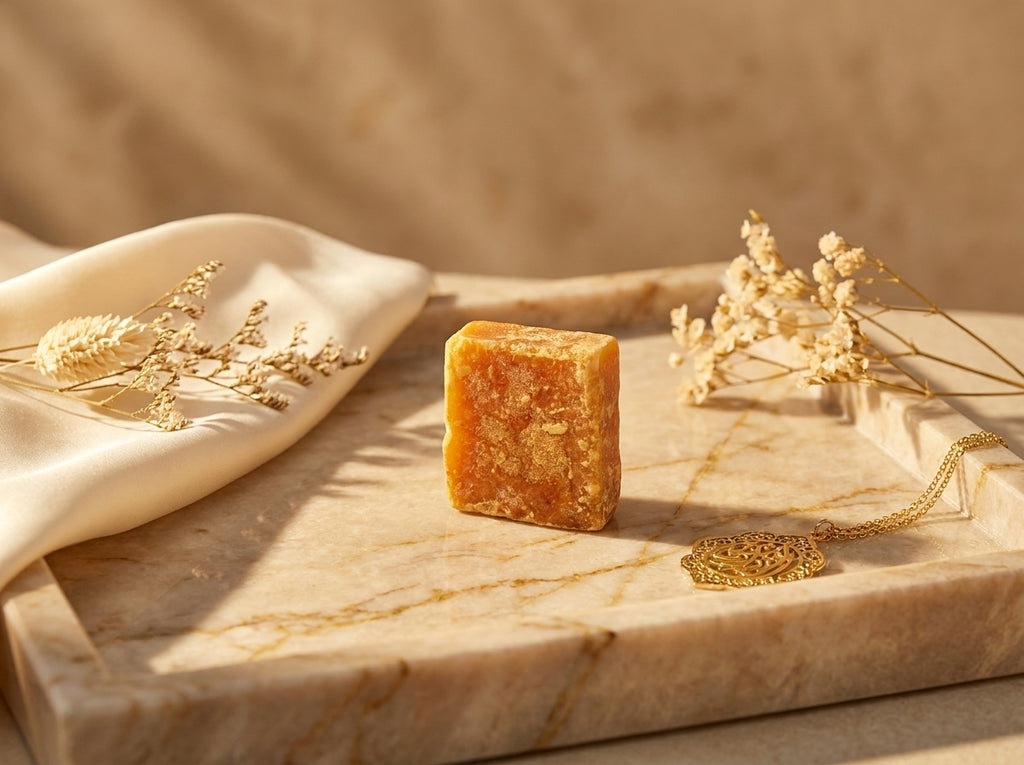 Mise en scène orientale du carré de parfum ambre entouré de résines de benjoin et de flacons traditionnels.