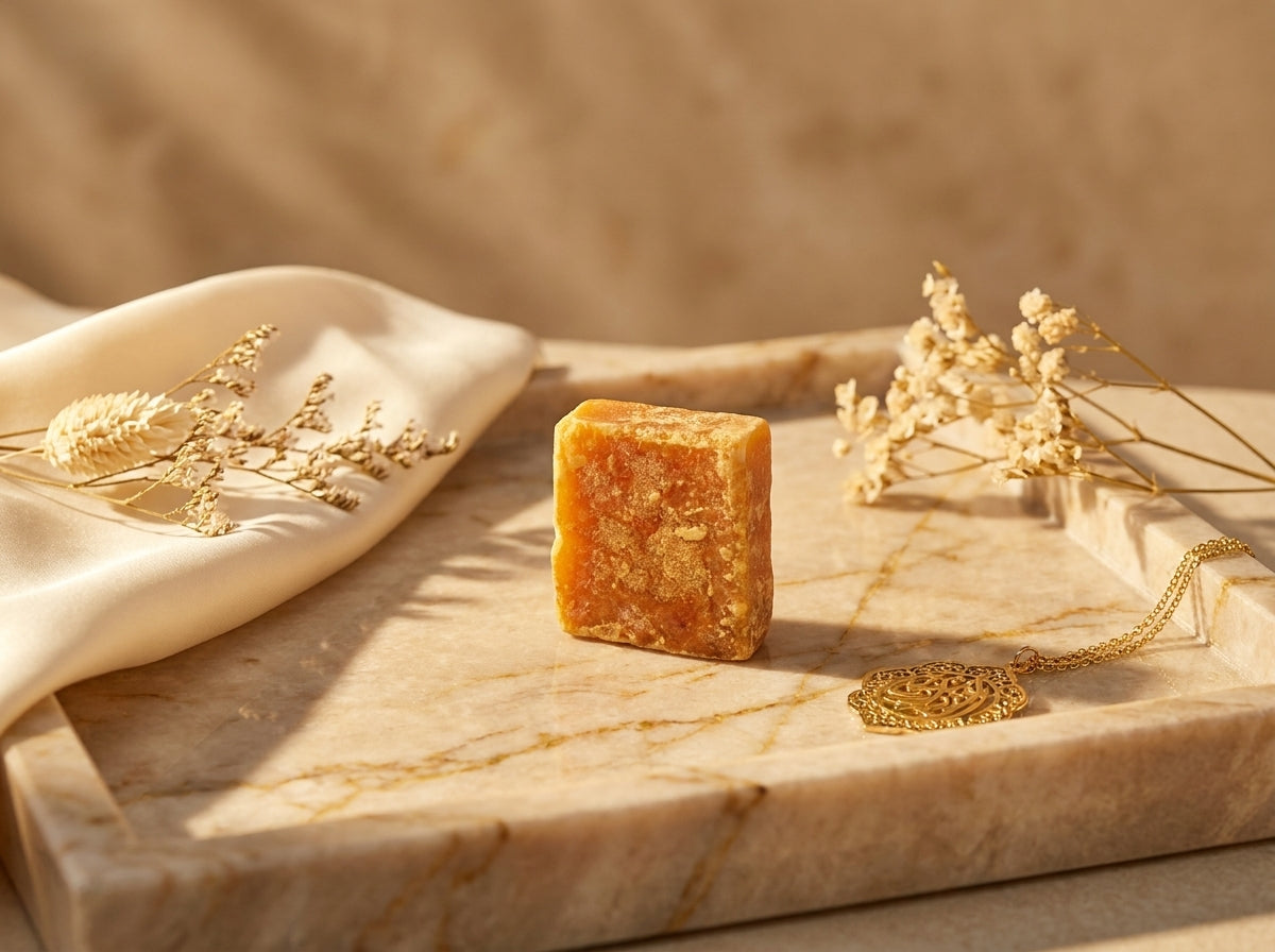 Mise en scène orientale du carré de parfum ambre entouré de résines de benjoin et de flacons traditionnels.
