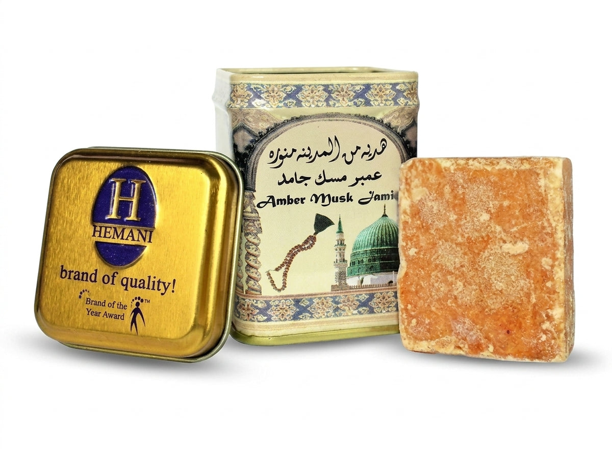 Carré de Musc Ambre Solide Orianza Selection, parfum sec traditionnel aux notes ambrées et poudrées.
