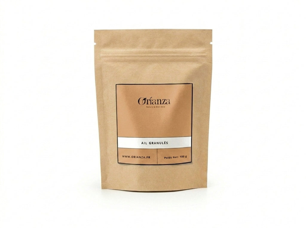 Sachet d'apothicaire en kraft d'Ail Granulés Premium Orianza Selection, éclats purs d'ail déshydraté.
