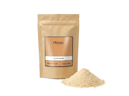 Sachet kraft de qualité herboristerie d'Ail en Poudre Orianza Selection, texture fine et soyeuse pure.