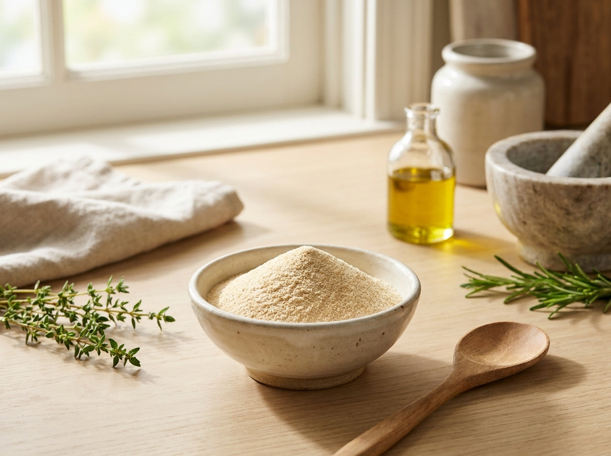 Préparation d'une panure de chef parfumée à l'ail en poudre pour escalopes croustillantes et dorées.
