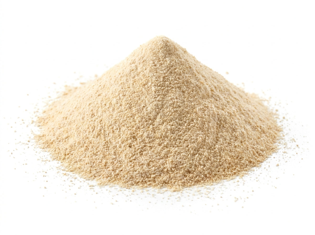 Gros plan sur la texture veloutée et homogène de la poudre d'ail déshydraté riche en arômes concentrés.