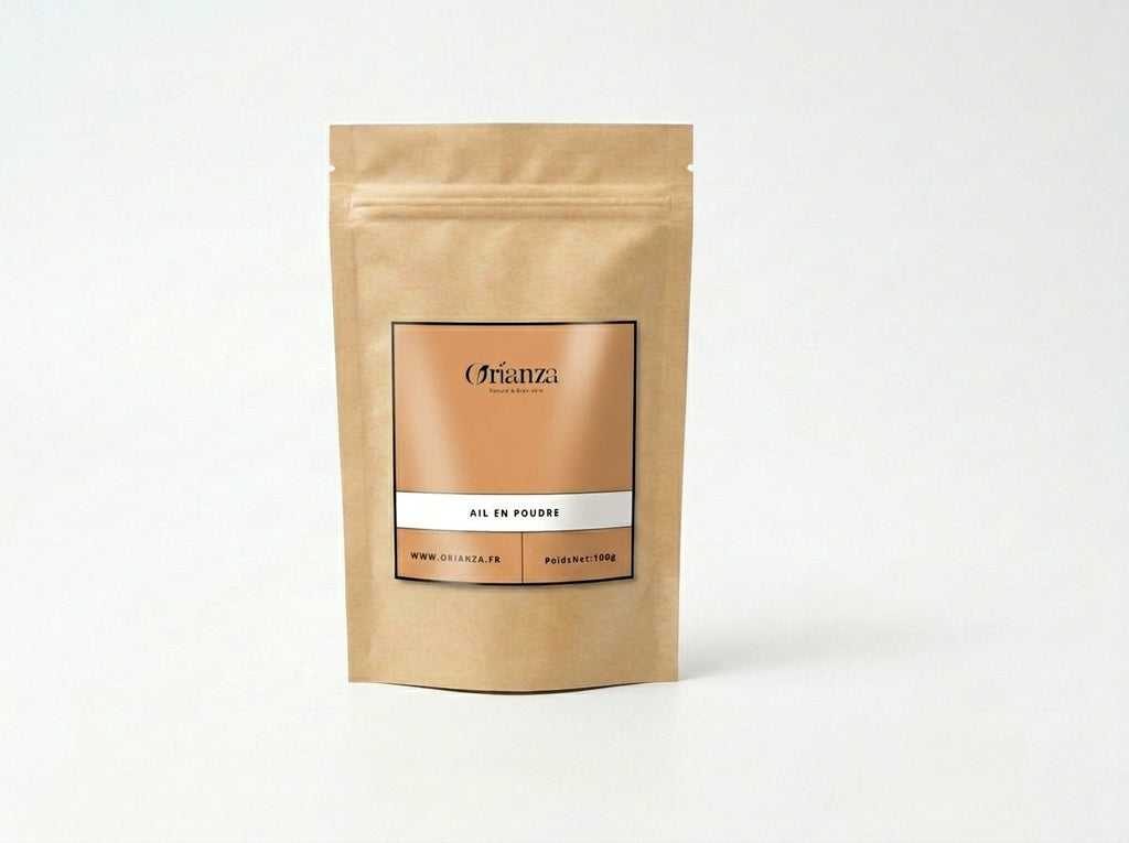 Sachet kraft de qualité herboristerie d'Ail en Poudre Orianza Selection, texture fine et soyeuse pure.