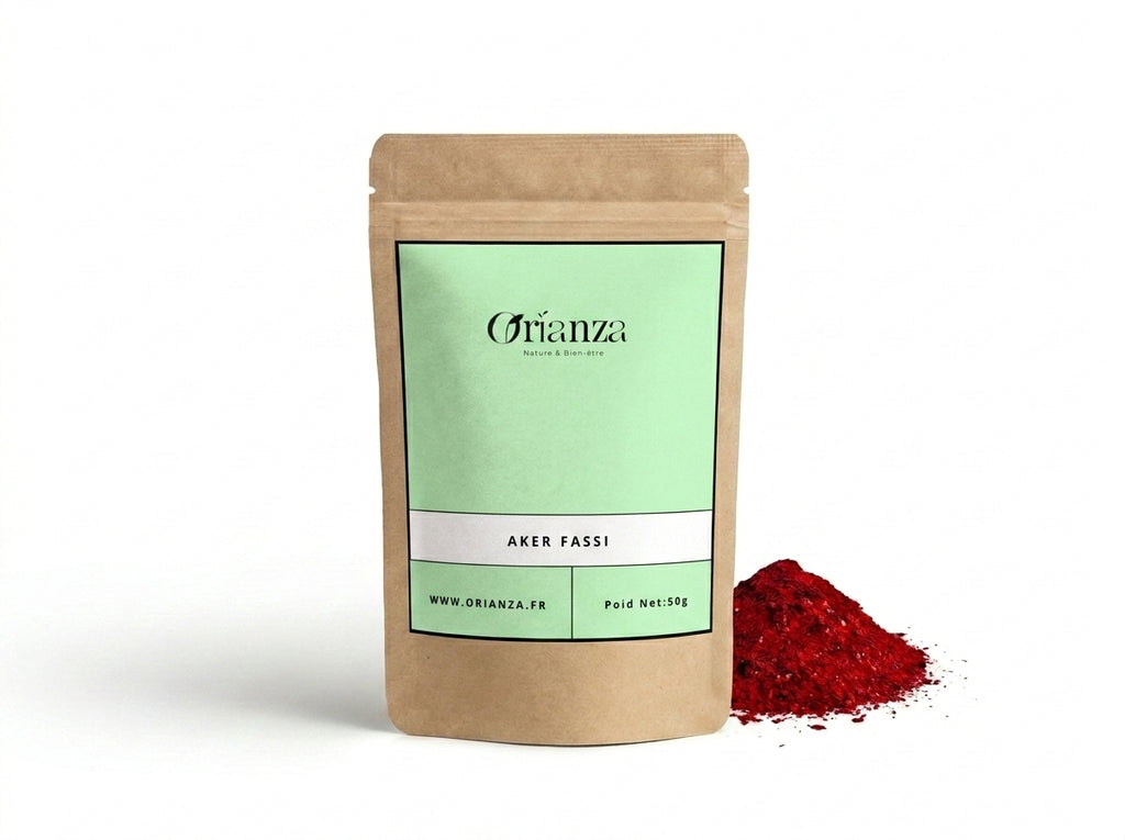Sachet d'apothicaire en kraft de poudre d'Aker Fassi Orianza Selection, coquelicot pur pour maquillage naturel.