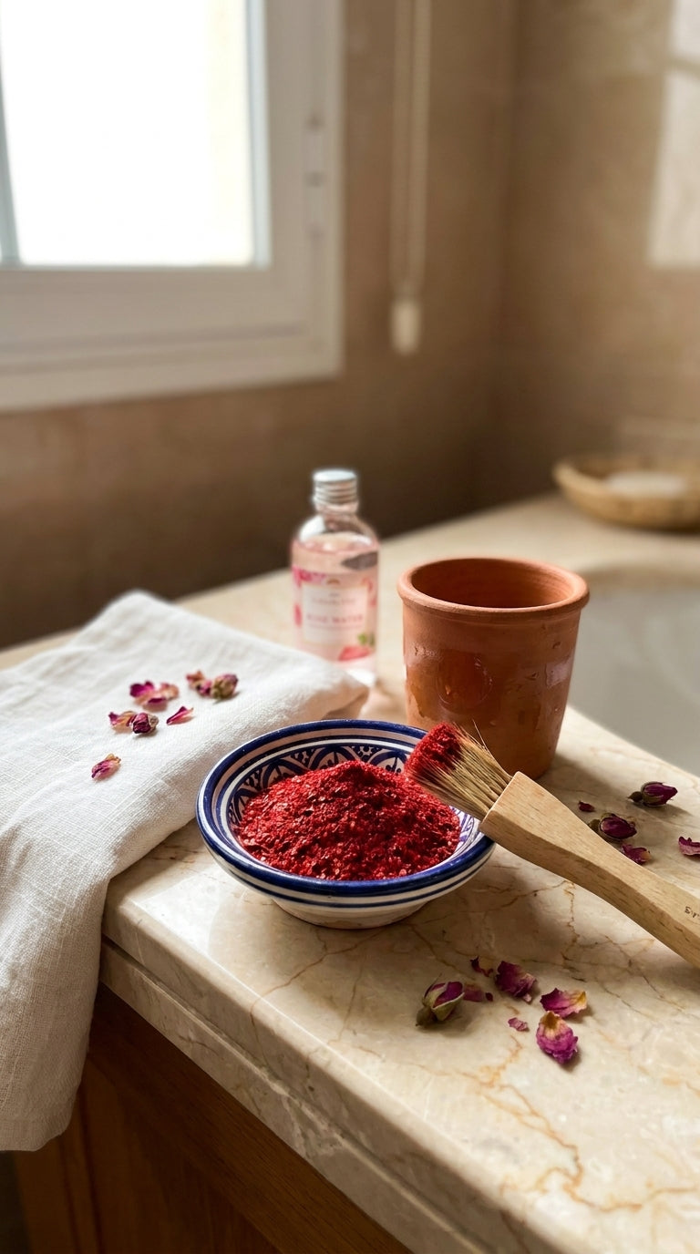 Préparation herboriste de Rhassoul et Aker Fassi Orianza pour un masque visage purifiant et éclatant.